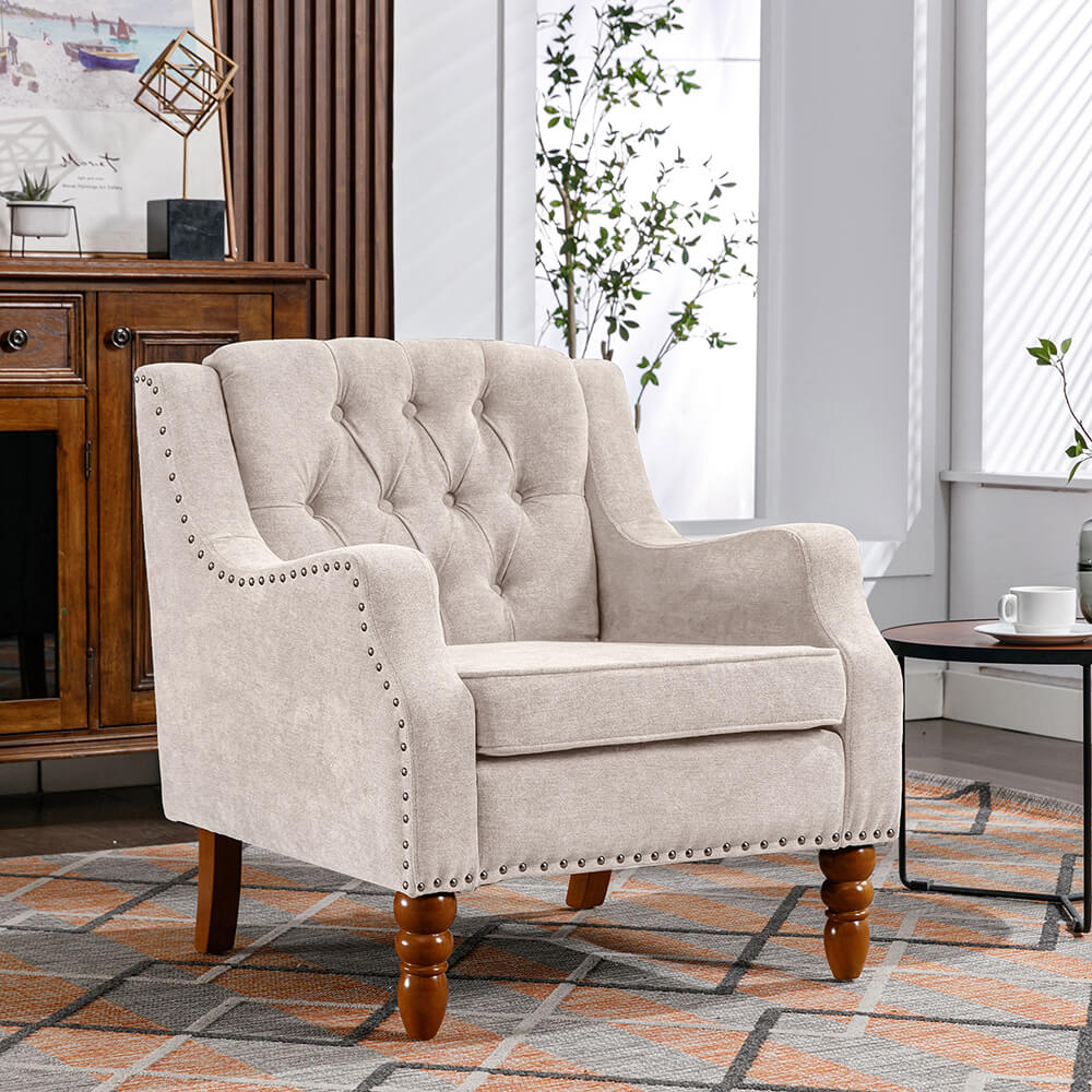 25.9" Beige Button Tufted Upholstered Accent Armchair with Studs