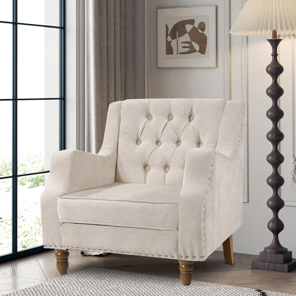 25.9" Beige Button Tufted Upholstered Accent Armchair with Studs