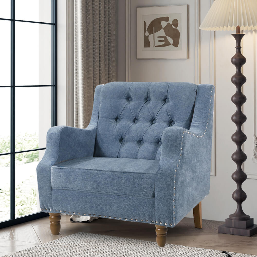 25.9" Blue Button Tufted Upholstered Accent Armchair with Studs