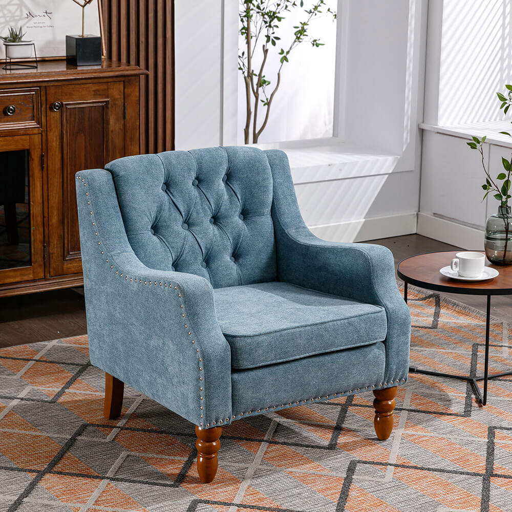 25.9" Blue Button Tufted Upholstered Accent Armchair with Studs