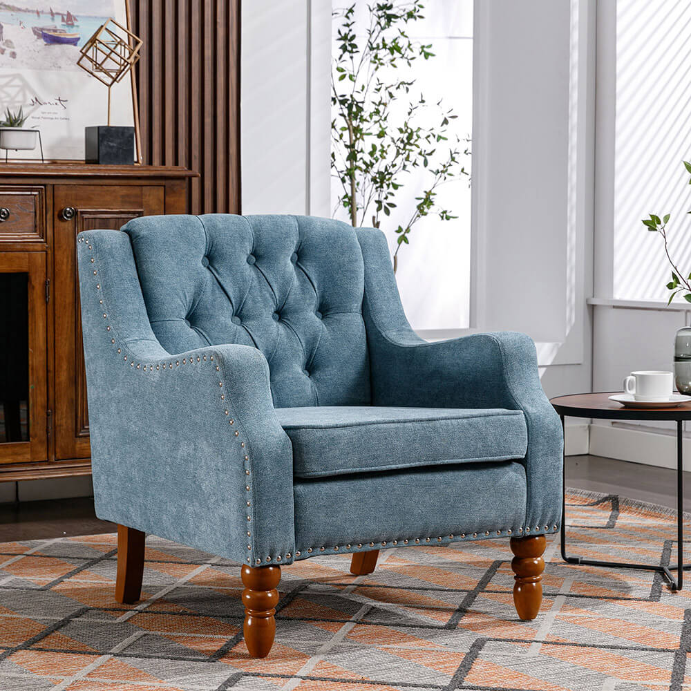 25.9" Blue Button Tufted Upholstered Accent Armchair with Studs