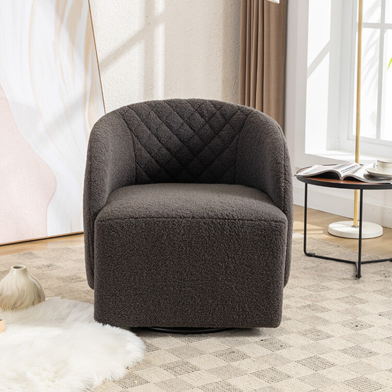 25" Gray Round Teddy Fabric Swivel Accent Barrel Chair with Black Base