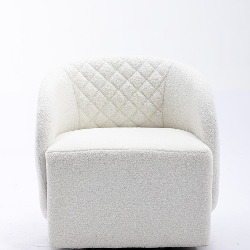 25" Ivory White Round Teddy Fabric Swivel Accent Barrel Chair with Black Base