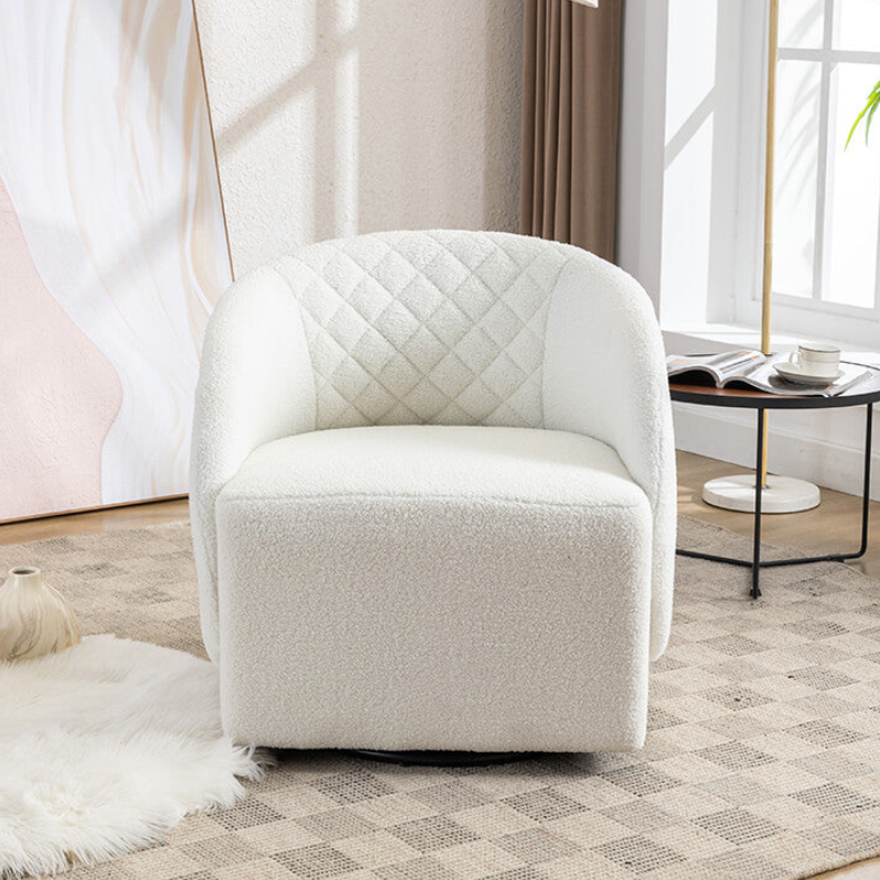 25" Ivory White Round Teddy Fabric Swivel Accent Barrel Chair with Black Base