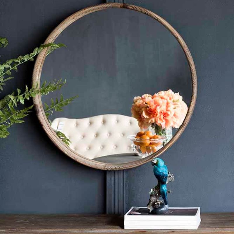 28" Modern Round Brown Wood Wall Mirror