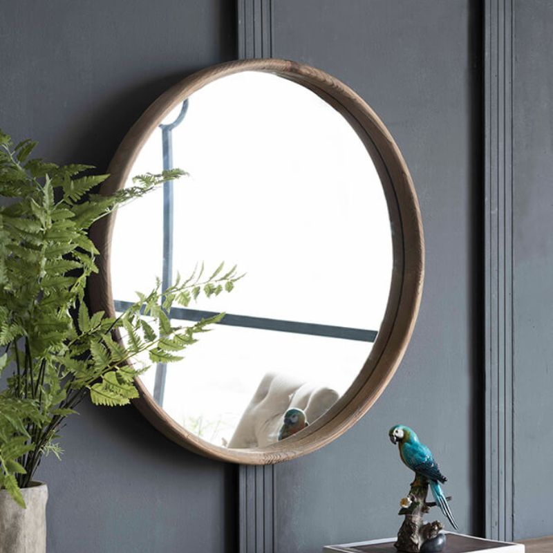 28" Modern Round Brown Wood Wall Mirror