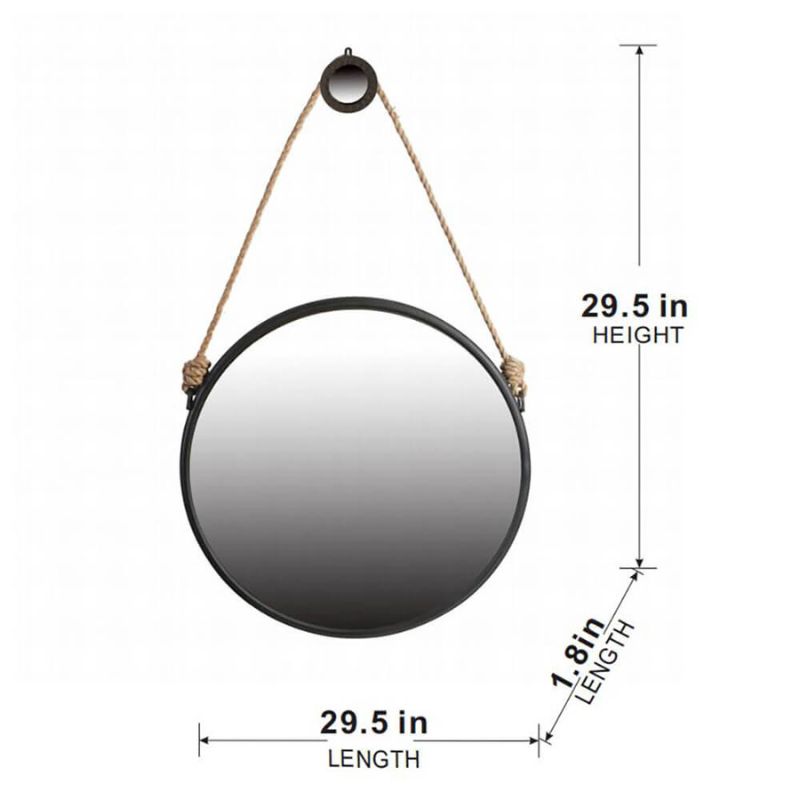 dimension Image of the 29.5" Contemporary Rope Strap Hanging Wall Mirror with Black Round Metal Frame