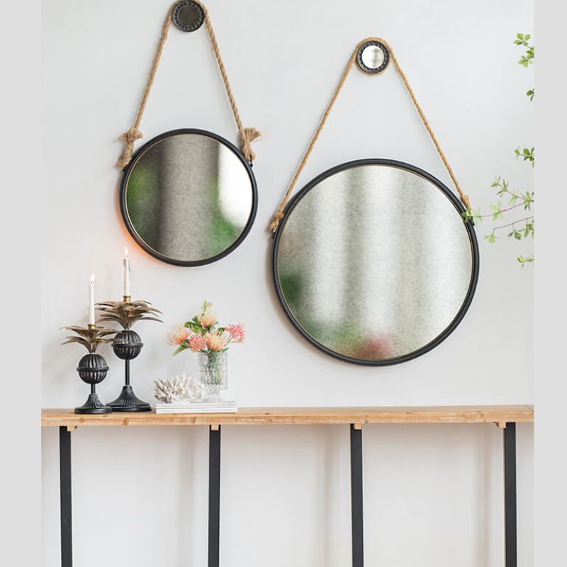 29.5" Contemporary Rope Strap Hanging Wall Mirror with Black Round Metal Frame