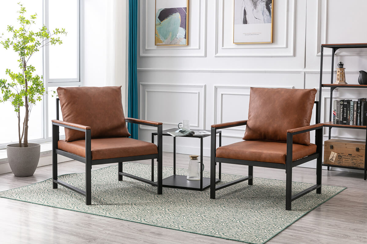 two accent leather chairs in a modern living room