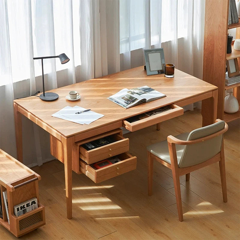 Cherry Wood office desk showcasing its storage drawers in natural wood finish 