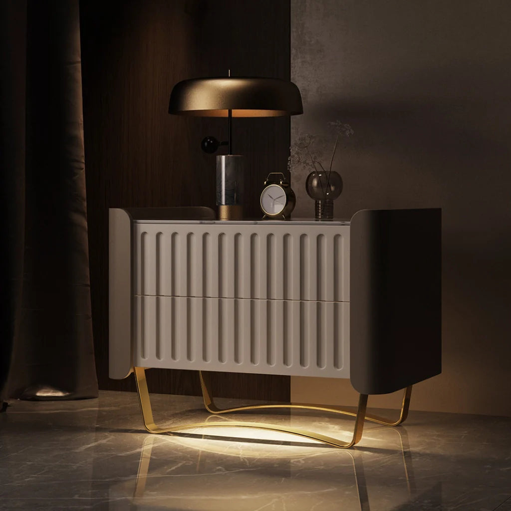 a unique wood nightstand with a glossy lacquer finish on the drawers and a sintered stone top, illuminating light beautifully on the bottom