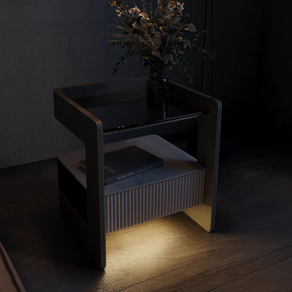 A minimalist modern nightstand image showing its sleek wood finish and a single drawer. Perfect for modern bedroom storage.