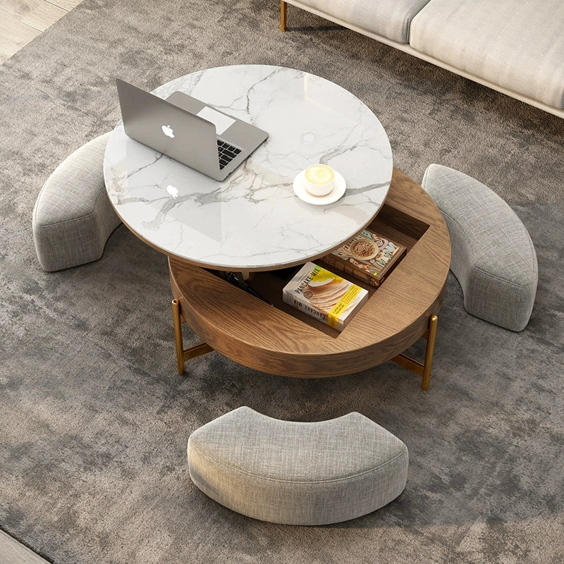 Top view of the brown and white wood lift top coffee table 