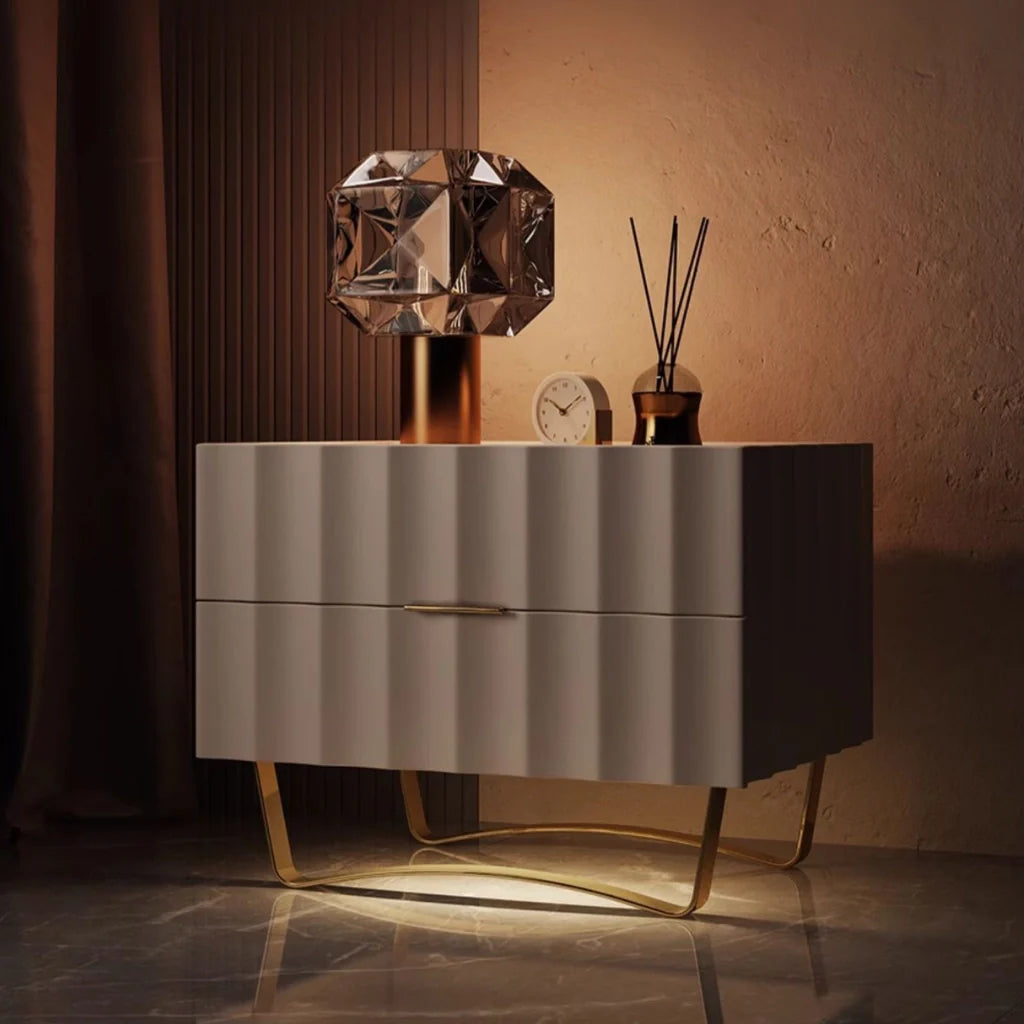 Ivory White 2 Drawer Nightstand with gold stainless steel legs and LED Sensor Light Turned on