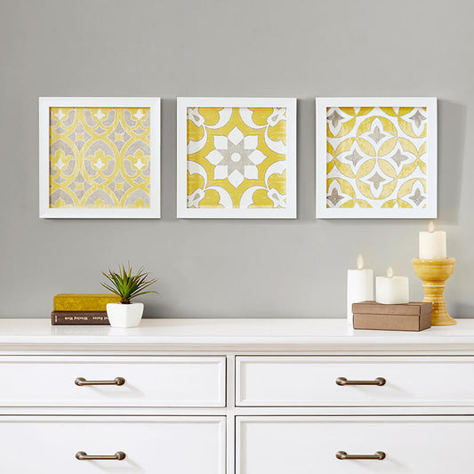 3-Piece Patterned Distressed Yellow Medallion Wall Art Set