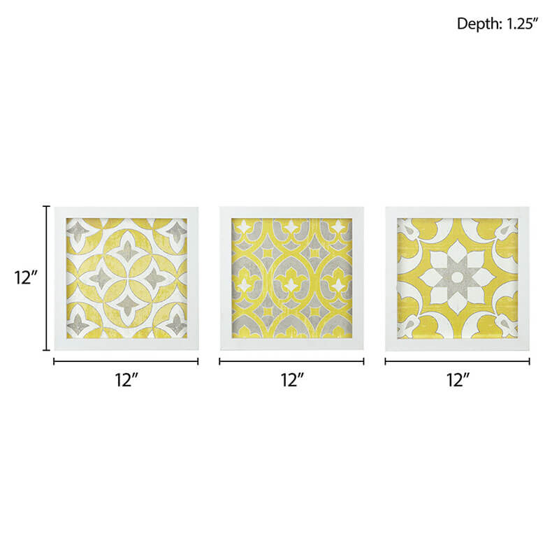 A dimension Image of the 3-Piece Patterned Distressed Yellow Medallion Wall Art Set