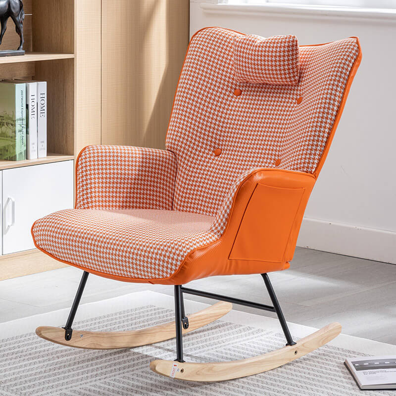 35.5" Orange Soft Houndstooth Fabric Leather Rocking Chair