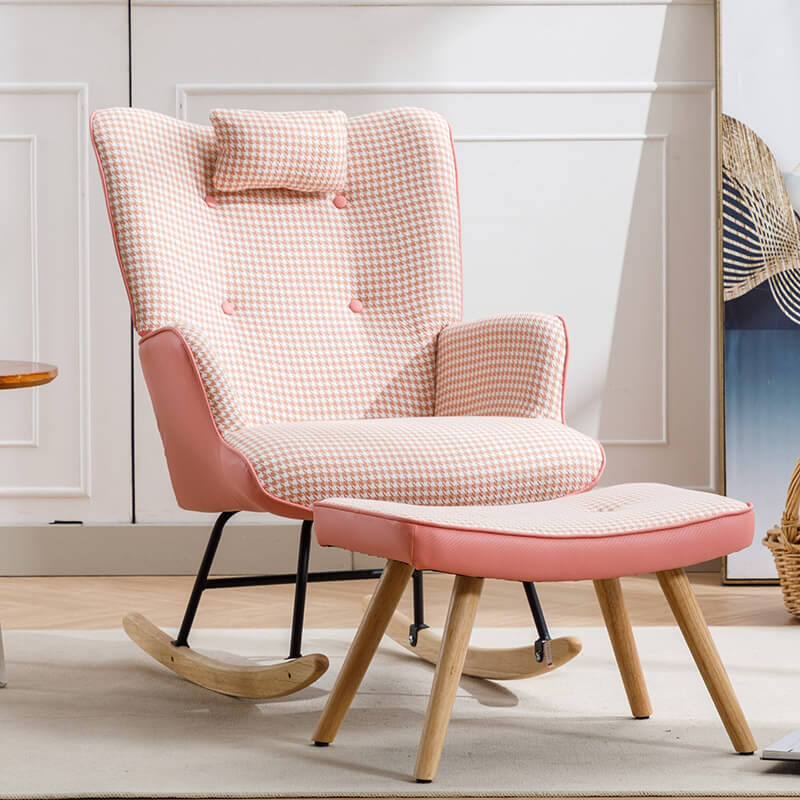 35.5" Pink Soft Houndstooth Fabric Leather Rocking Chair