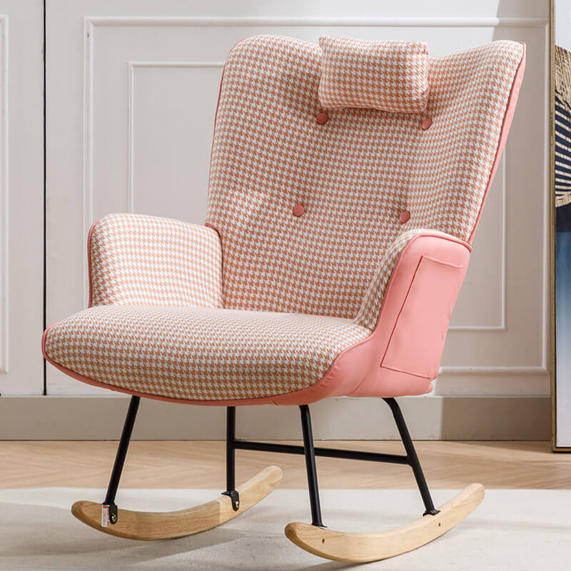 35.5" Pink Soft Houndstooth Fabric Leather Rocking Chair