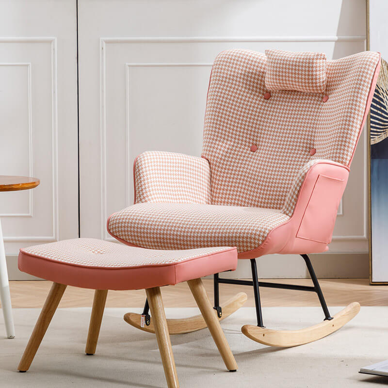 35.5" Pink Soft Houndstooth Fabric Leather Rocking Chair