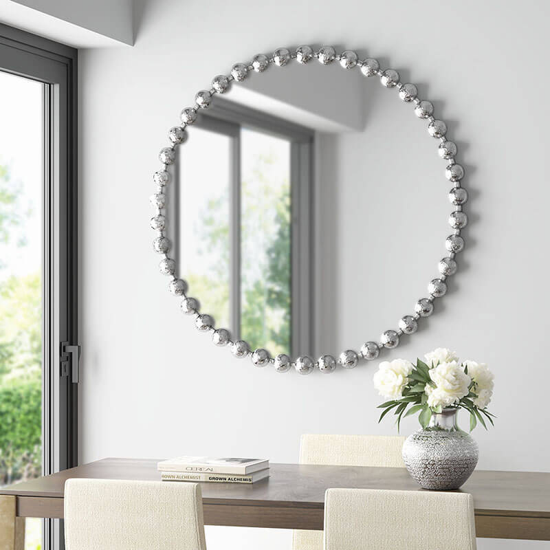 36" Antique Beaded Silver Round Wall Mirror