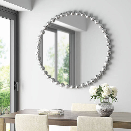 36" Antique Beaded Silver Round Wall Mirror