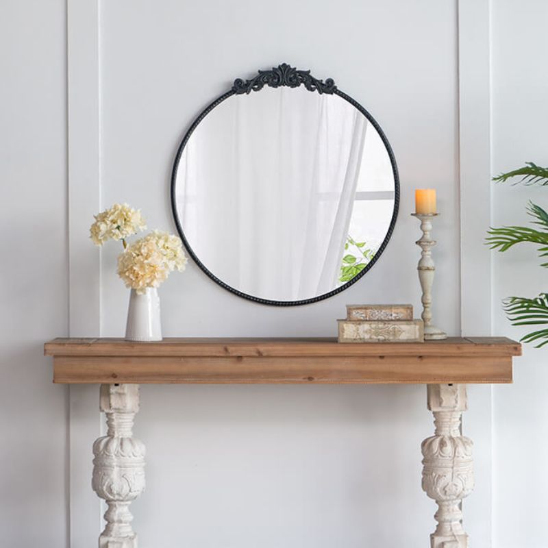 36"L x 39"H Classic Design Round Black Arched Bathroom Wall Mirror with Baroque Inspired Frame