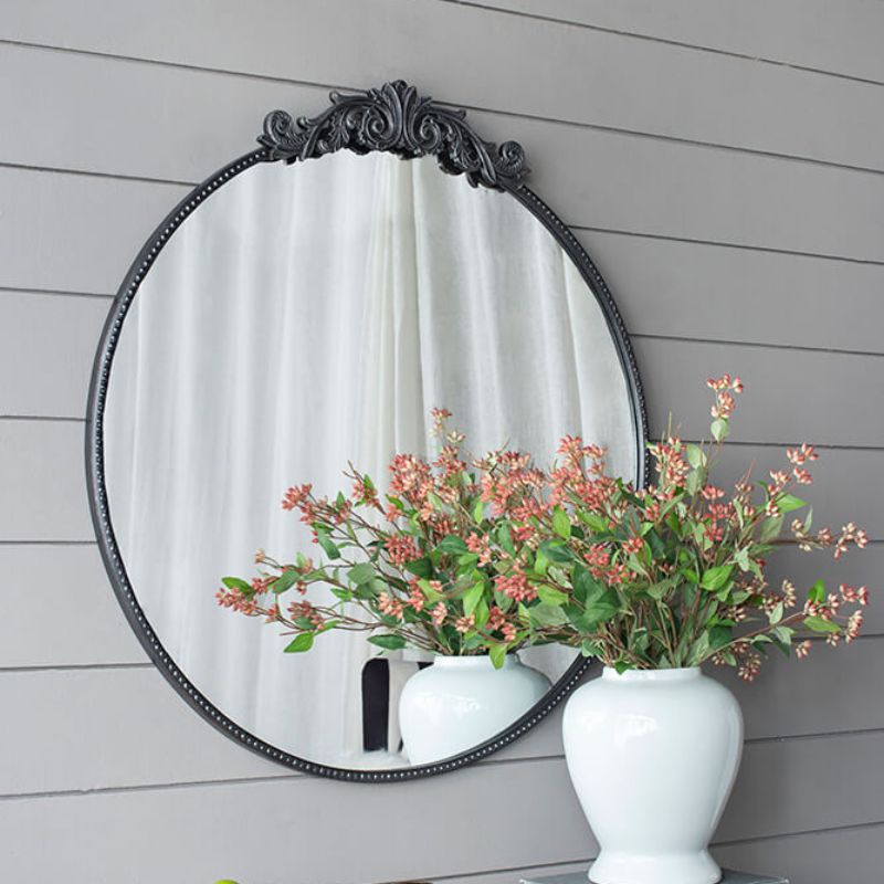 36"L x 39"H Classic Design Round Black Arched Bathroom Wall Mirror with Baroque Inspired Frame