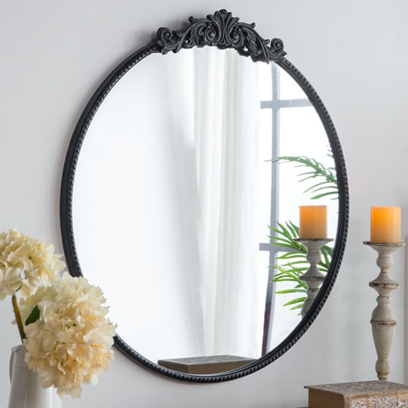 36"L x 39"H Classic Design Round Black Arched Bathroom Wall Mirror with Baroque Inspired Frame