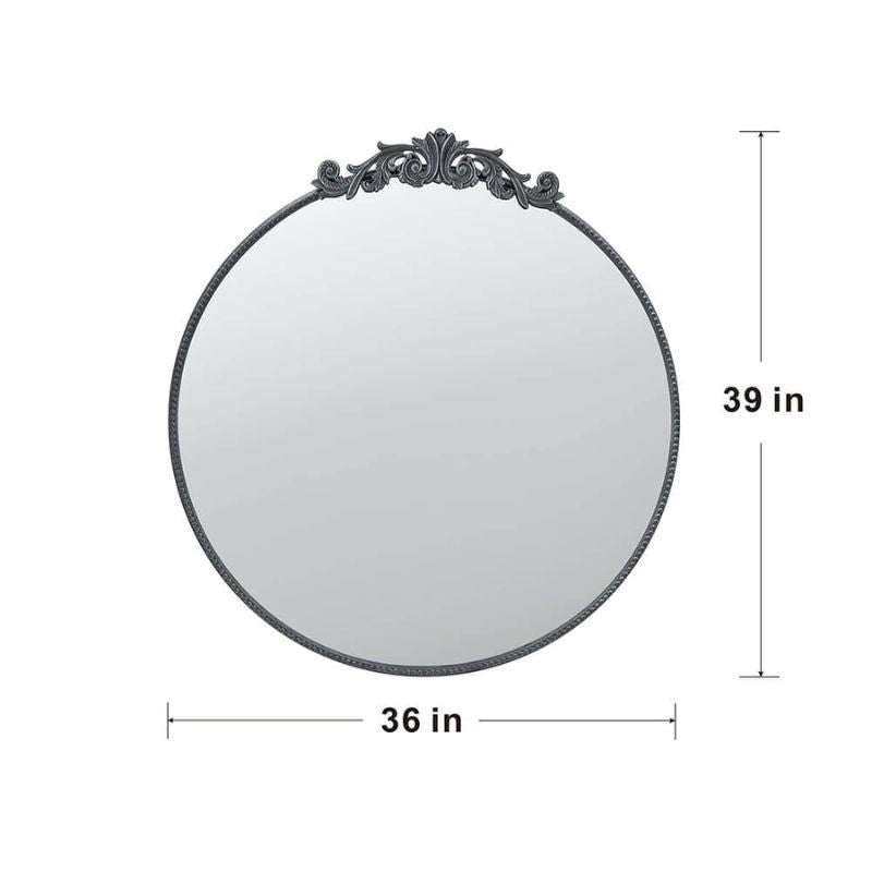 A dimension Image of the 36"L x 39"H Classic Design Round Black Arched Bathroom Wall Mirror with Baroque Inspired Frame