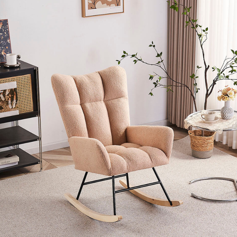 37.7" Modern Nude Nursery Rocking Chair with Teddy Fabric