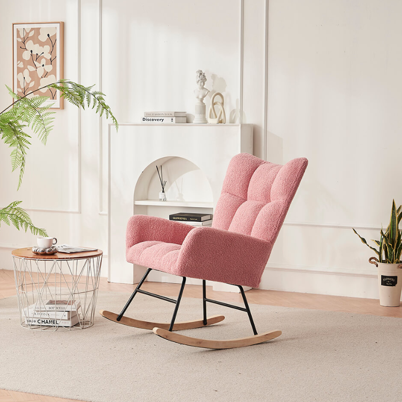 37.7" Modern Pink Nursery Rocking Chair with Teddy Fabric