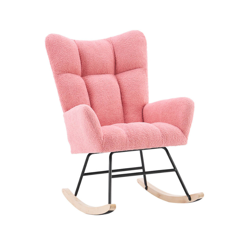 37.7" Modern Pink Nursery Rocking Chair with Teddy Fabric