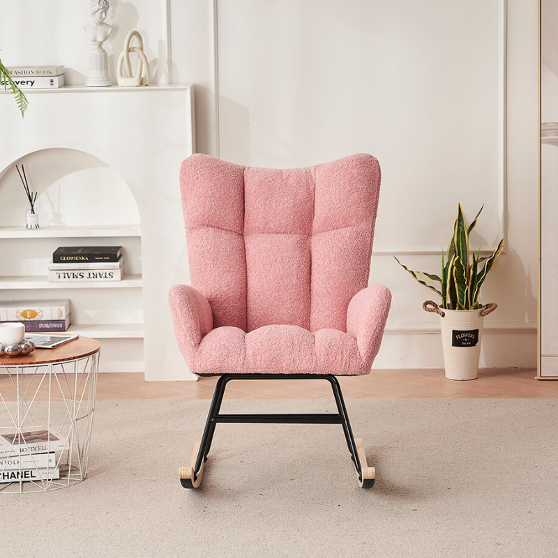 37.7" Modern Pink Nursery Rocking Chair with Teddy Fabric