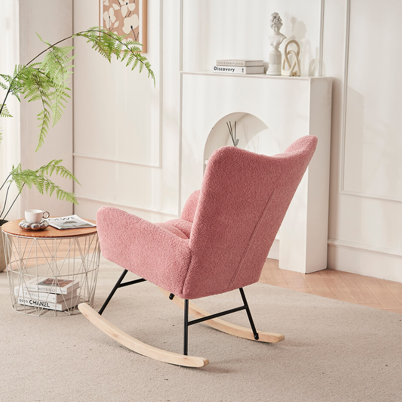 37.7" Modern Pink Nursery Rocking Chair with Teddy Fabric