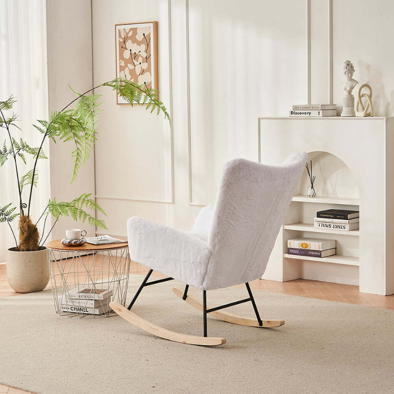 37.7" Modern White Nursery Rocking Chair with Faux Fur