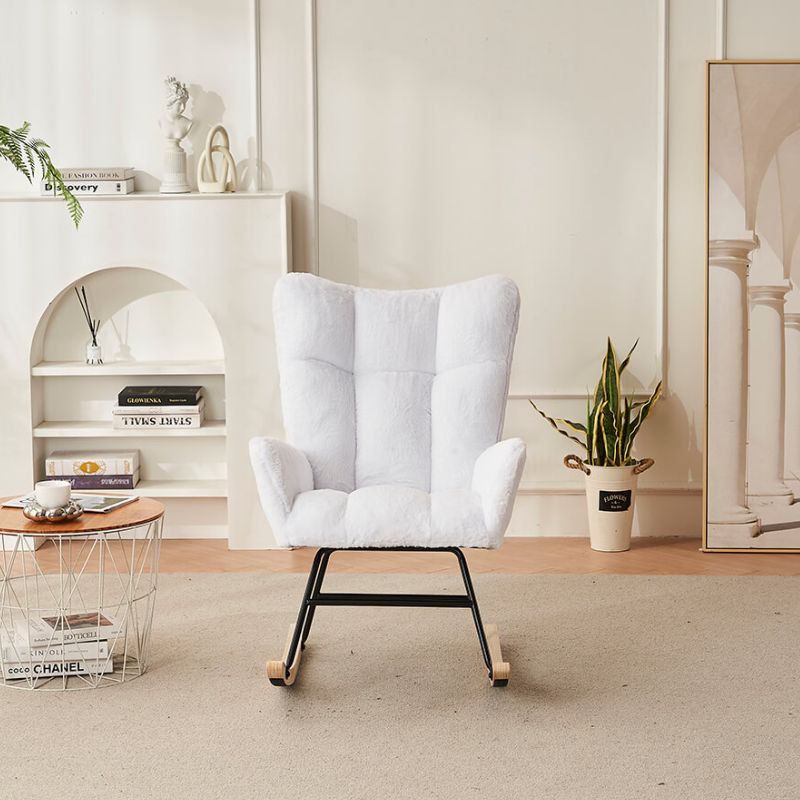 37.7" Modern White Nursery Rocking Chair with Faux Fur