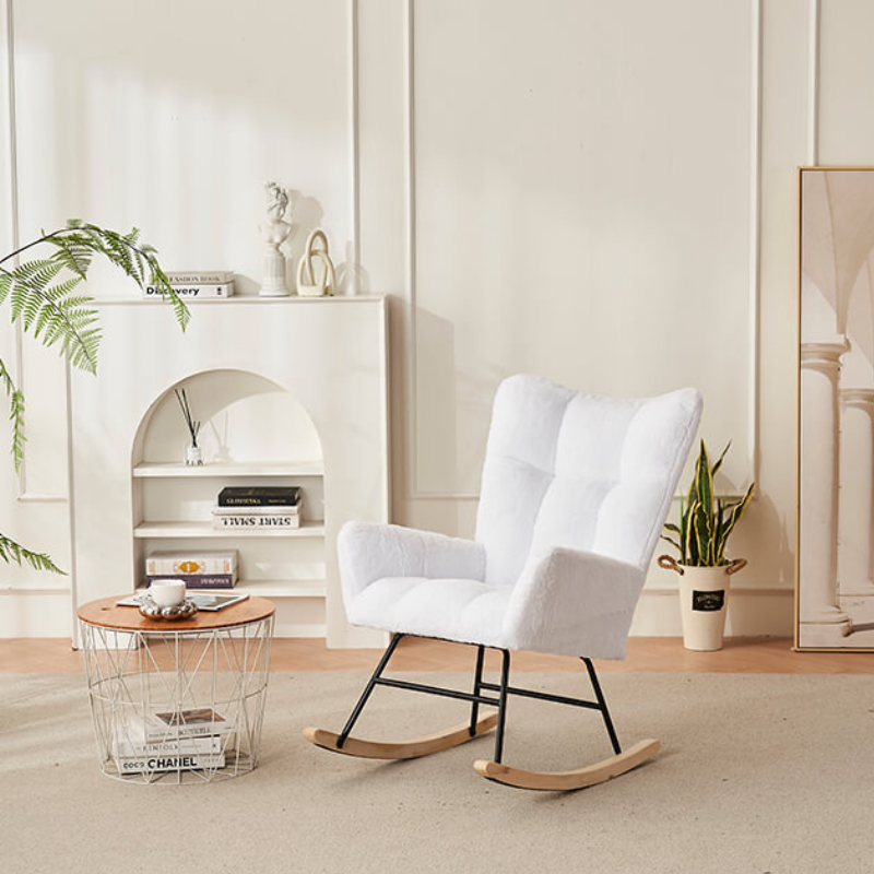 37.7" Modern White Nursery Rocking Chair with Faux Fur