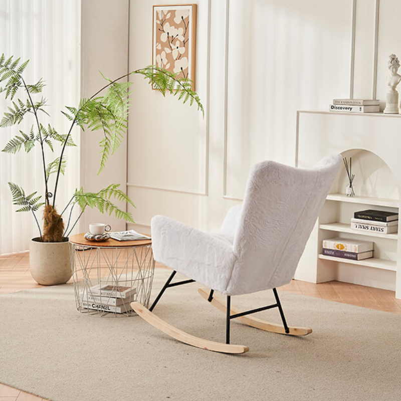 37.7" Modern White Nursery Rocking Chair with Faux Fur