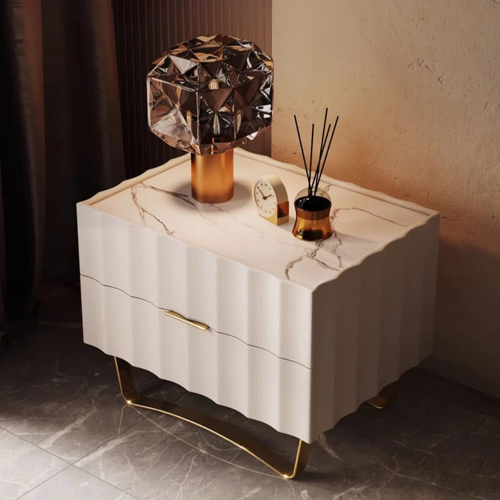 Top View of the Wood Nightstand showcasing its Sintered Stone Top, Gold Stainless Steel Legs and simple Wavy Design