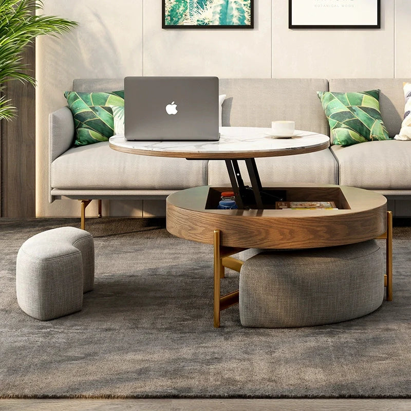 Side view of the wood lift top coffee table showing elevated table top