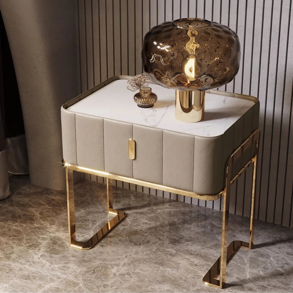 Modern Nightstand in Bedside table ideas showing its Sintered Stone Top   and PU Leather Drawer.