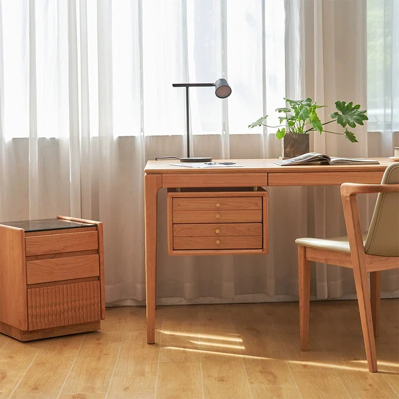 Up close view of floating cabinet of wood office desk