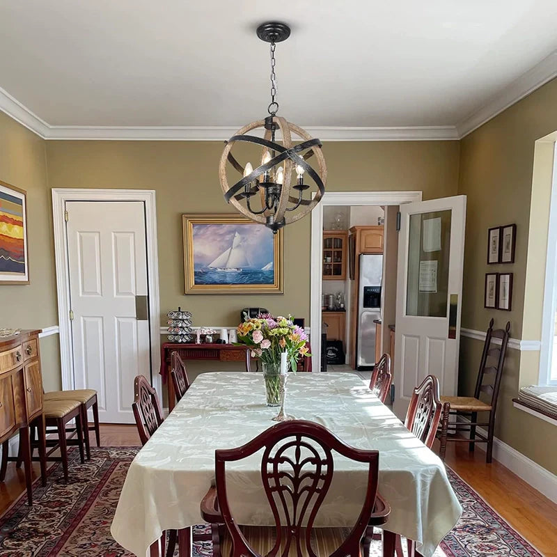 a farmhouse dining room chandelier emitting light beautifully