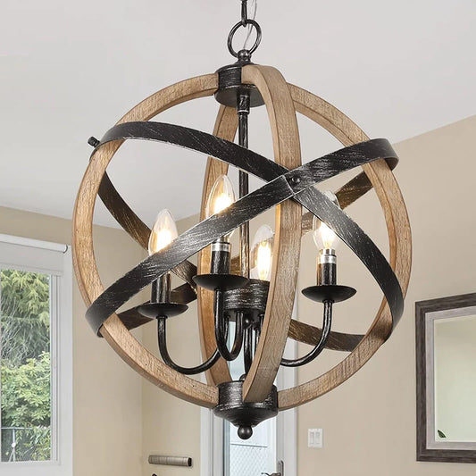 a 4-light farmhouse dining chandelier with wood and metal frame