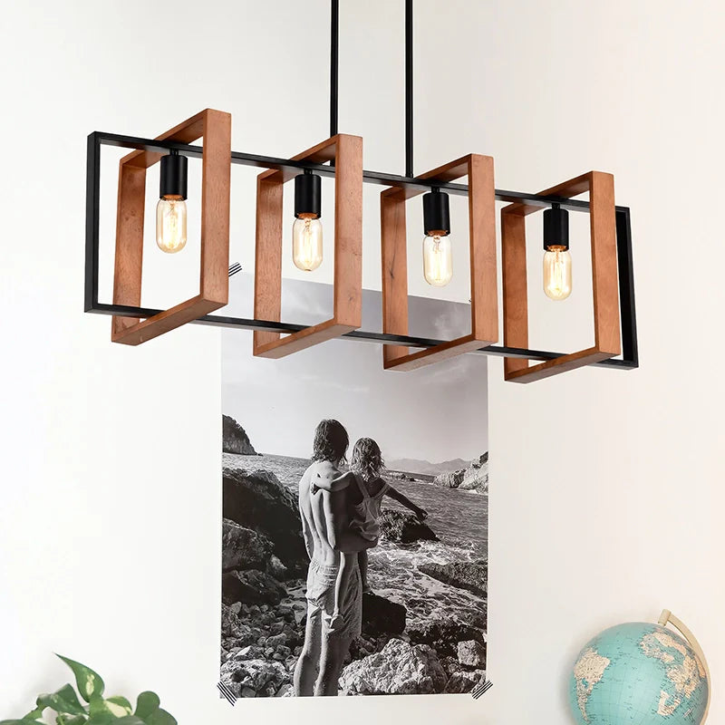 a 4-light farmhouse kitchen island chandelier in wood and metal frame