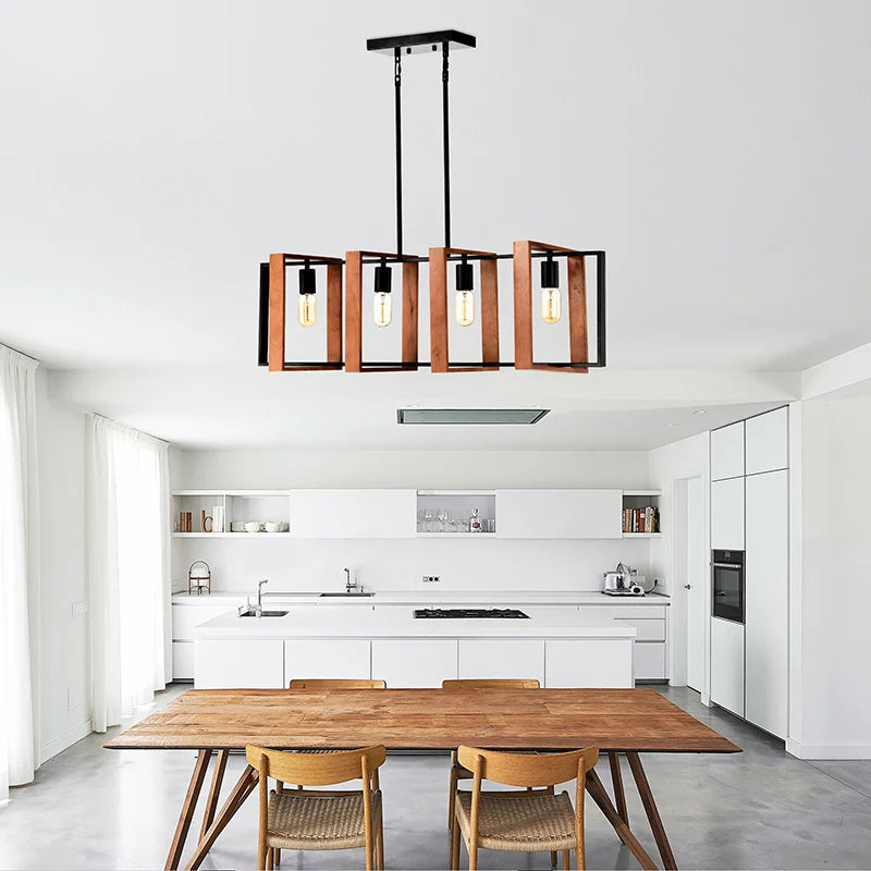 a farmhouse chandelier over a kitchen island 