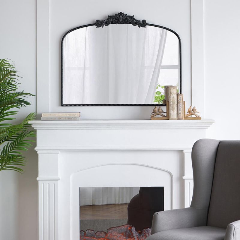 40"L x 31"H Classic Design Black Arched Bathroom Wall Mirror with Baroque Inspired Frame