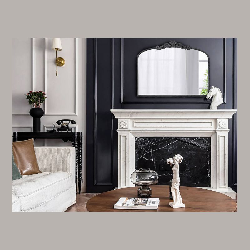 40"L x 31"H Classic Design Black Arched Bathroom Wall Mirror with Baroque Inspired Frame