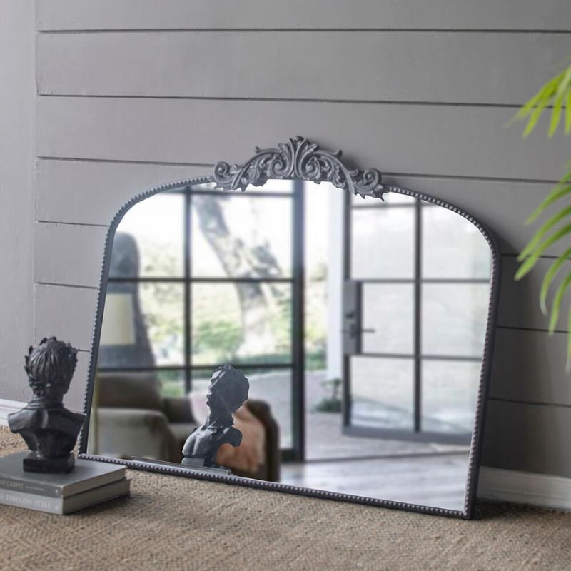 40"L x 31"H Classic Design Black Arched Bathroom Wall Mirror with Baroque Inspired Frame